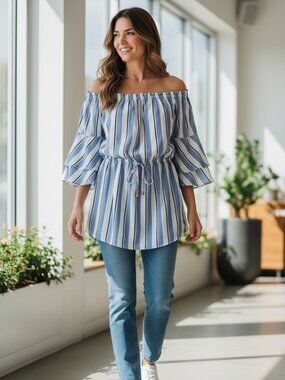 off shoulder striped XL blue, white Dress